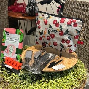 Cherry Print Pouch & Keychain Charm with Feet and Hand Nail Care Accessory Set